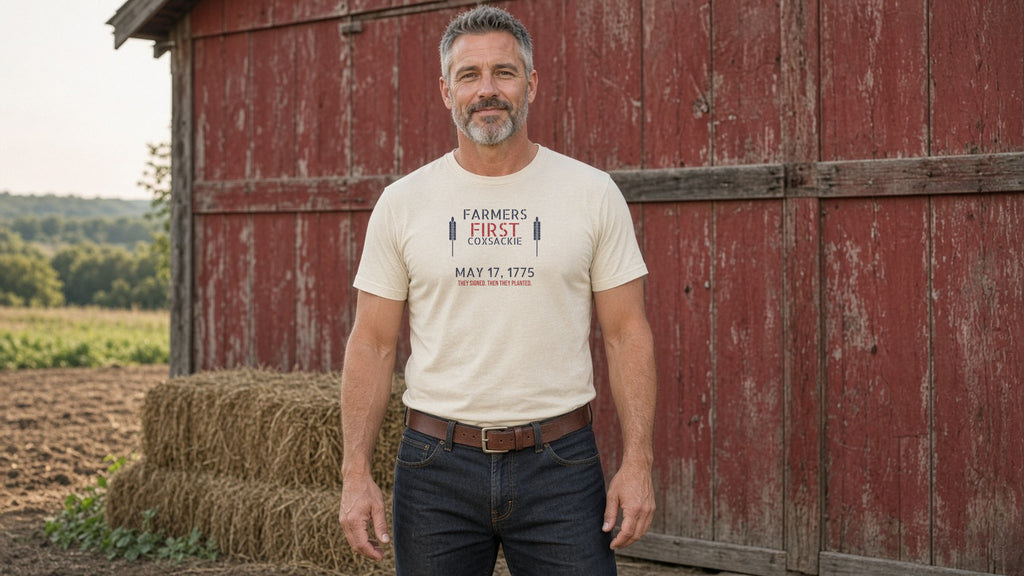 Man in a heather natural Coxsackie 1775 Farmers First Tee standing in front of a red barn beside hay bales