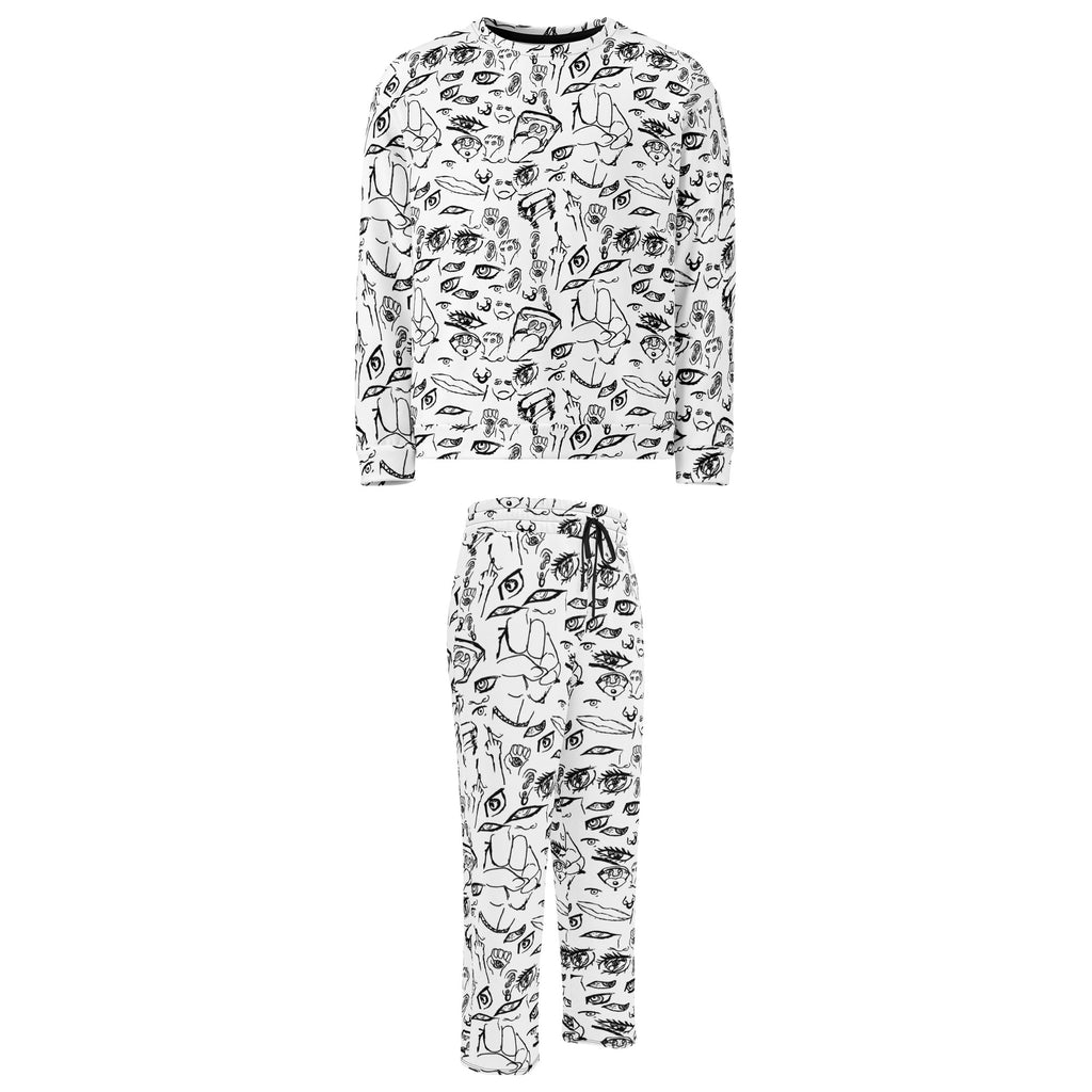 Doodle Sweat Suit Set in Black on White: matching crewneck sweatshirt and wide-leg joggers covered in hand-drawn eyes, hands and faces