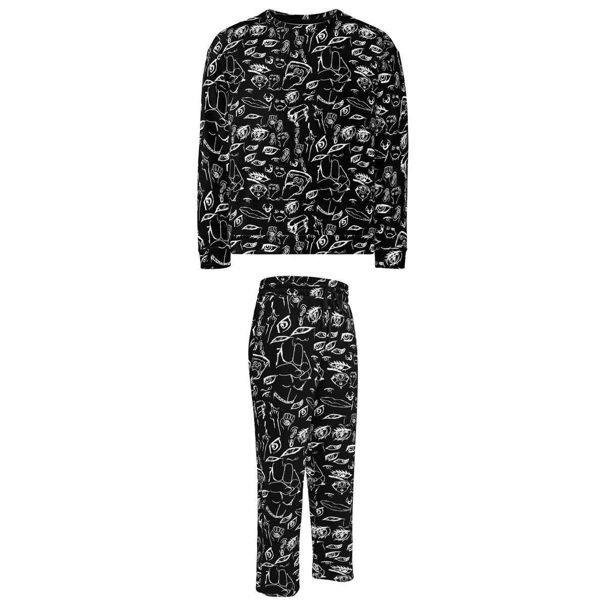 Doodle Sweat Suit Set in White on Black: matching crewneck sweatshirt and wide-leg joggers covered in hand-drawn eyes, hands and faces