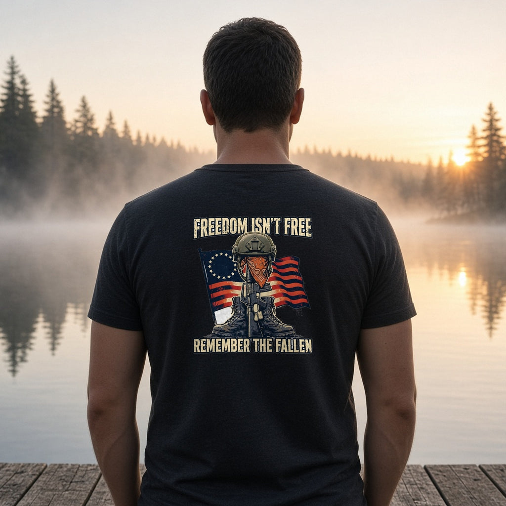 Freedom Isn't Free Tee worn in a lifestyle photo