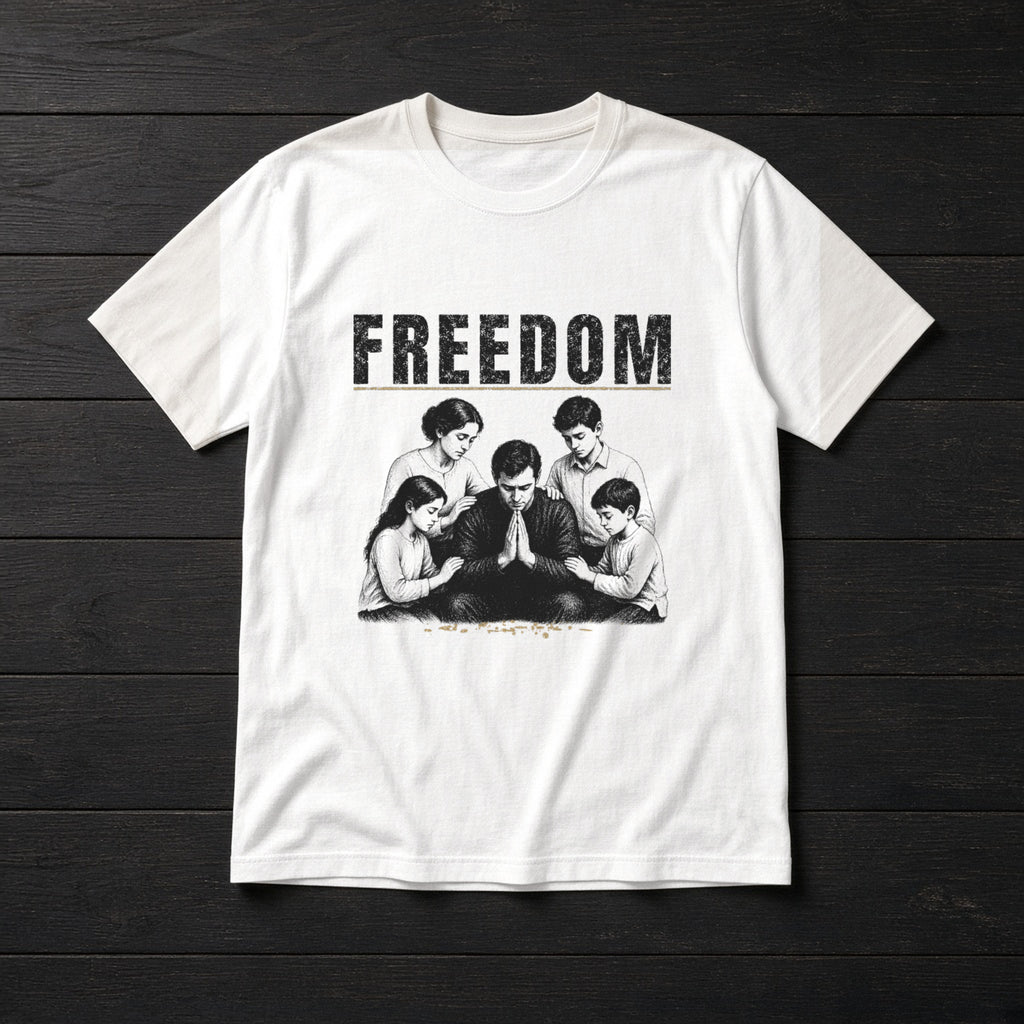 Flat white tee with an engraved illustration of a father kneeling in prayer with his wife and three children and a FREEDOM headline