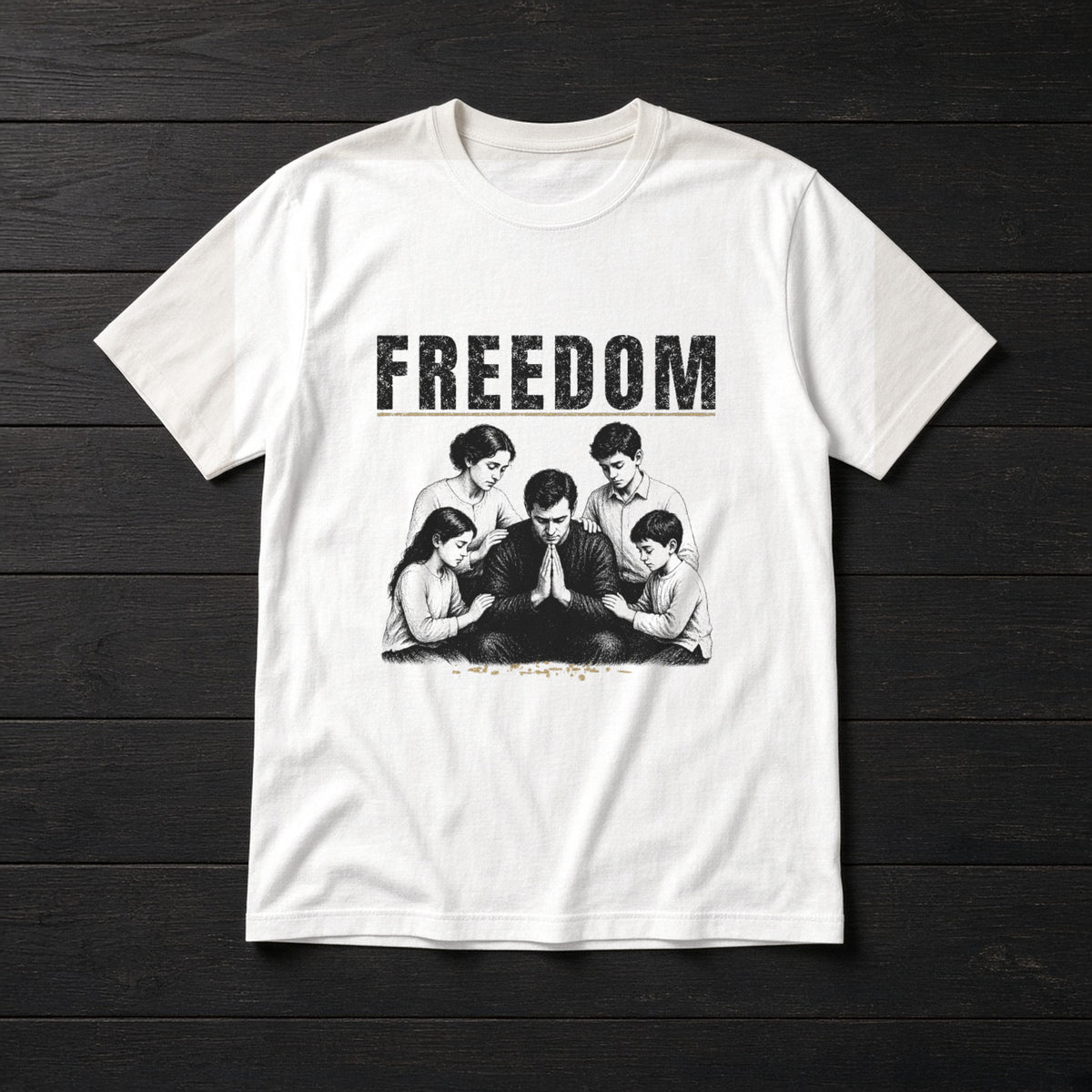 Flat white tee with an engraved illustration of a father kneeling in prayer with his wife and three children and a FREEDOM headline
