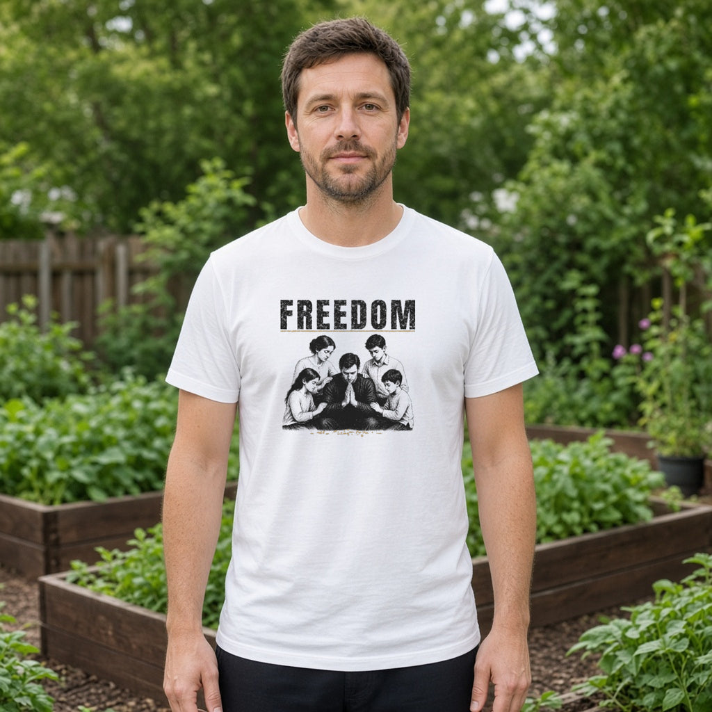 Man wearing a white tee with an engraved illustration of a father kneeling in prayer with his wife and three children and a FREEDOM headline