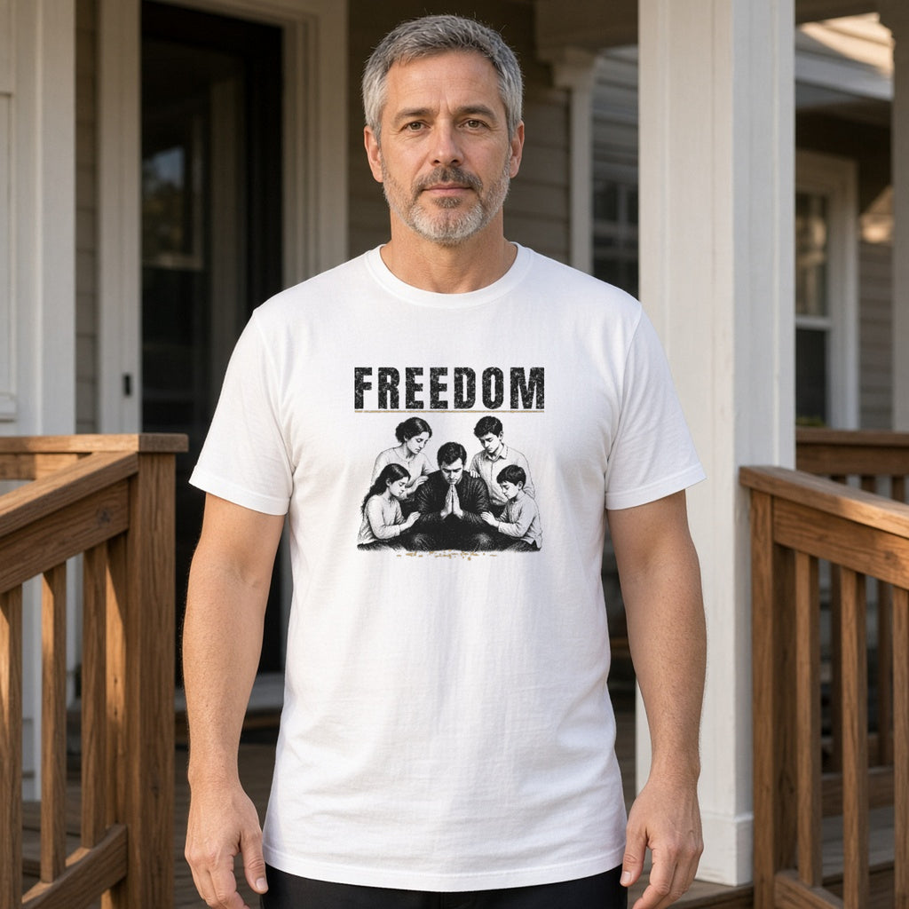 Man on a porch wearing a white tee with an engraved illustration of a father kneeling in prayer with his wife and three children and a FREEDOM headline