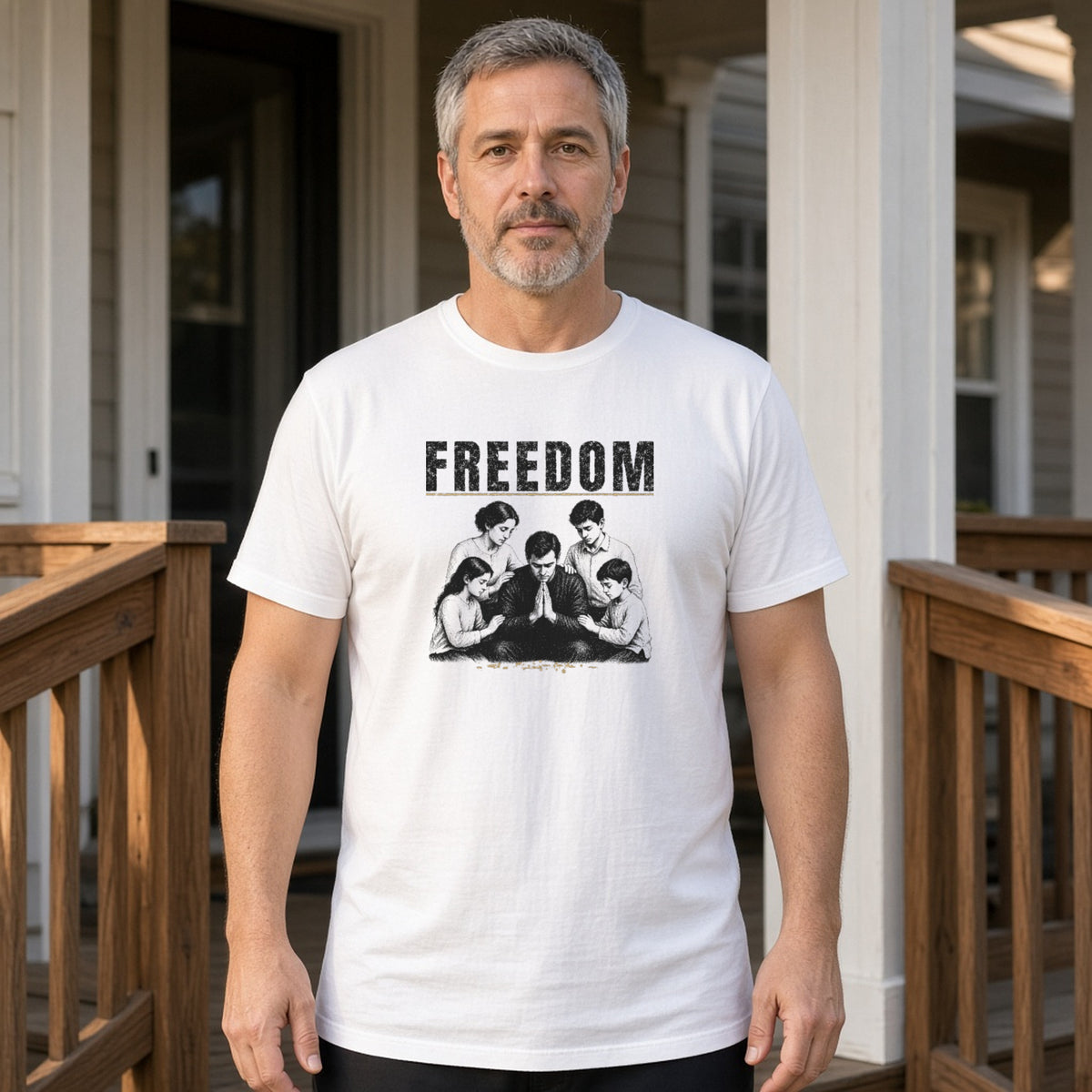 Man on a porch wearing a white tee with an engraved illustration of a father kneeling in prayer with his wife and three children and a FREEDOM headline