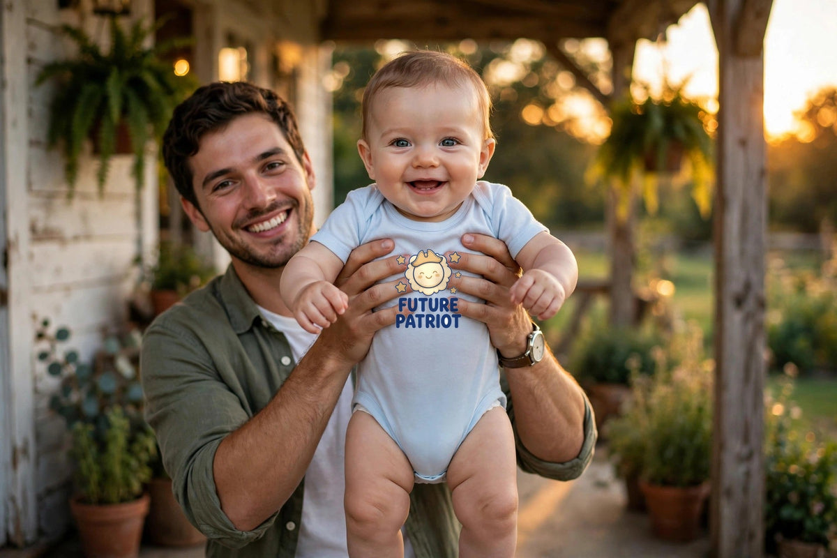 Future Patriot - Raising Patriots Onesie worn in a lifestyle photo