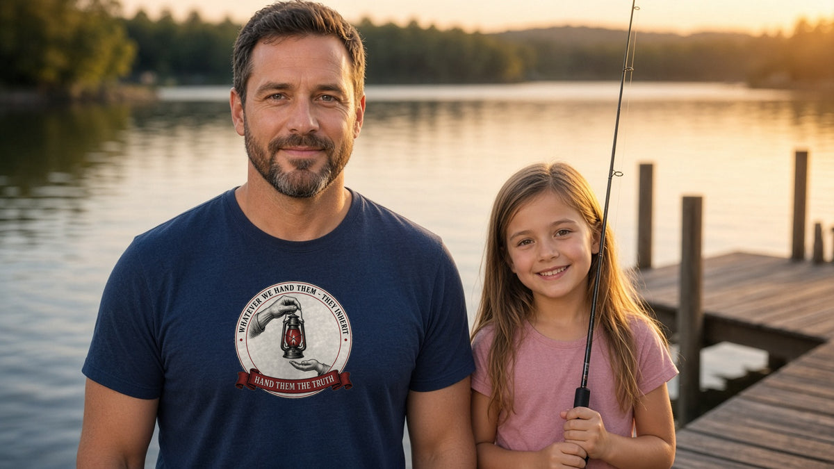 Dad in the navy Hand Them the Truth lantern tee beside his daughter holding a fishing rod on a lake dock at sunset