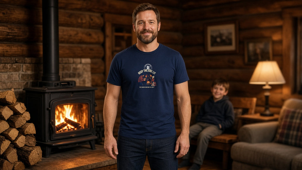 Man in a navy Keep The Fire Lit Premium Tee standing by a wood stove in a log cabin while a child reads nearby