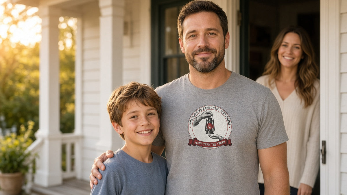 Dad in a heather gray Hand Them the Truth lantern tee with his arm around his smiling son on a white farmhouse porch