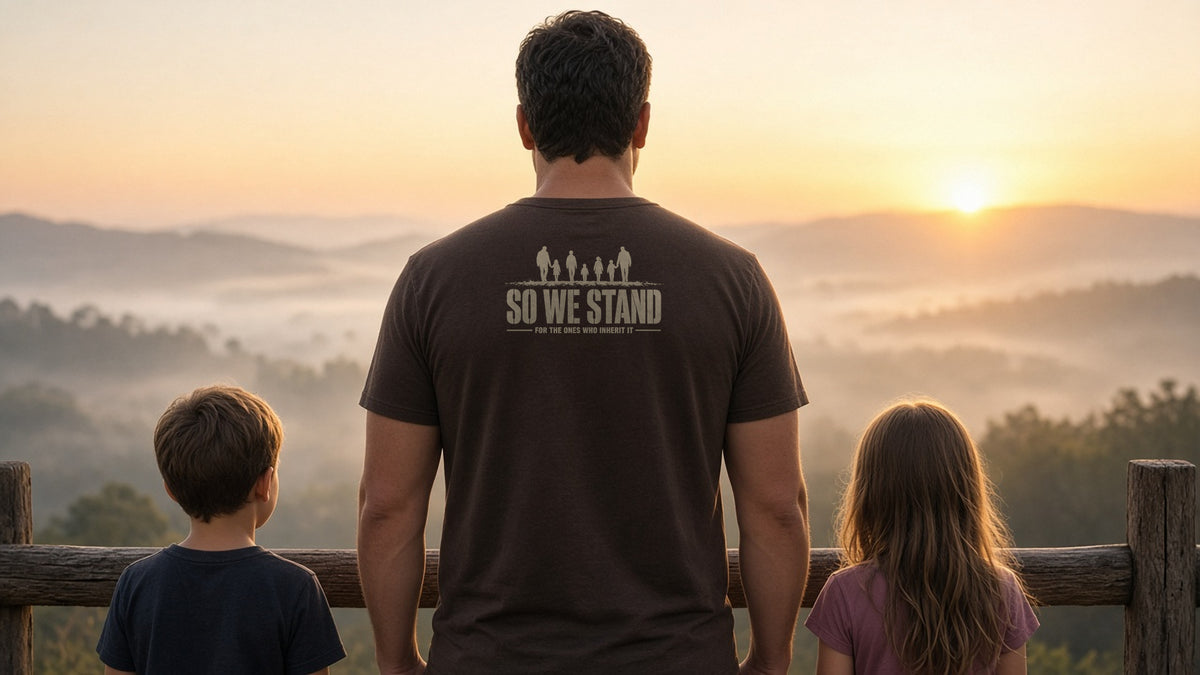 Dad in an espresso So We Stand back-print tee overlooking misty hills at sunrise with his son and daughter