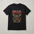 Black tee with a vintage eagle and flag design reading Honor The Ones Who Served and Never Forget