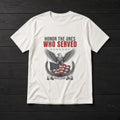 White tee with a vintage navy and red eagle and flag design reading Honor The Ones Who Served and Never Forget