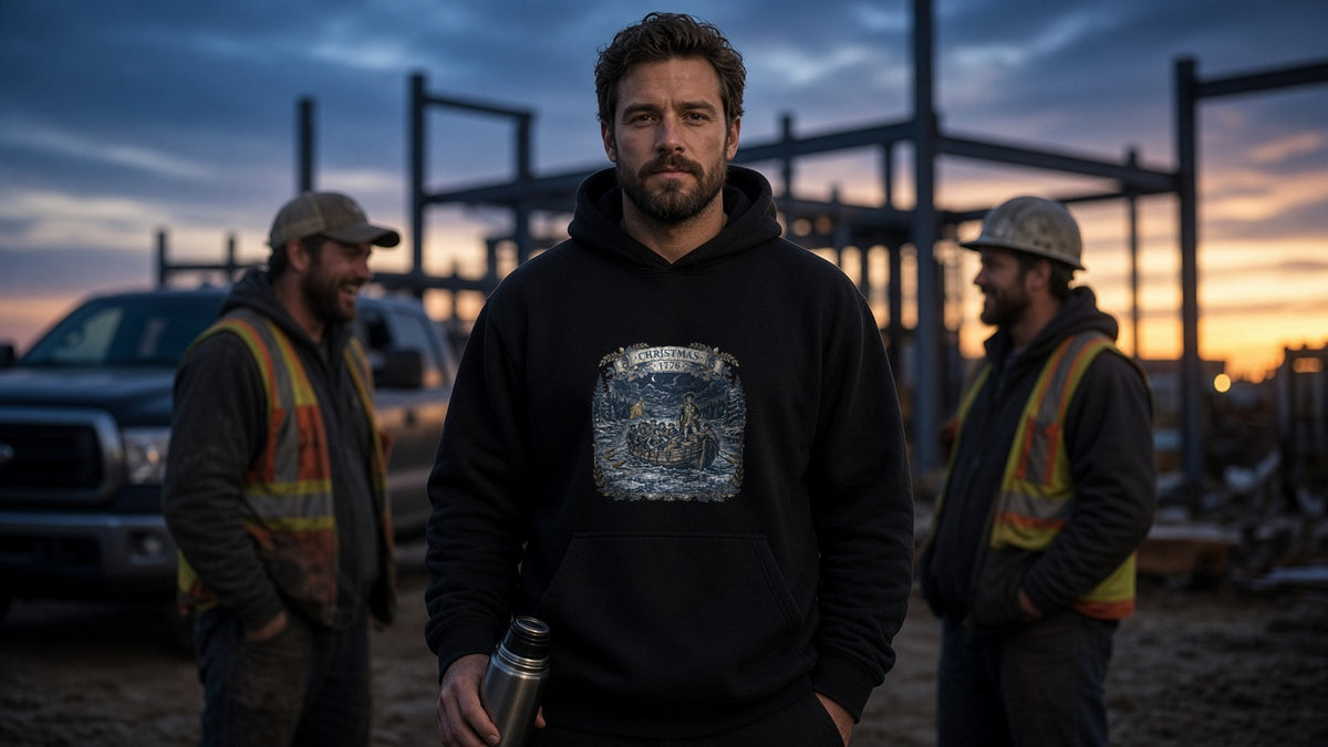 Man wearing the black Christmas 1776 Crossing Hoodie with the Washington crossing art on the chest, standing on a jobsite at dusk with his crew