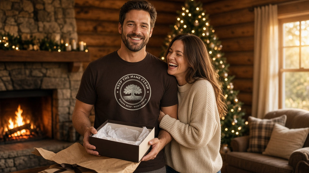 Smiling man in an espresso Keep the Name Clean oak tree tee holding an open gift box with his laughing wife by a cabin fireplace and Christmas tree