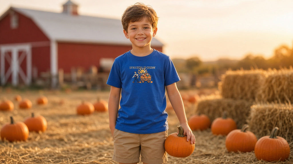 Little Hands, Big Harvest Kids Tee worn in a lifestyle photo