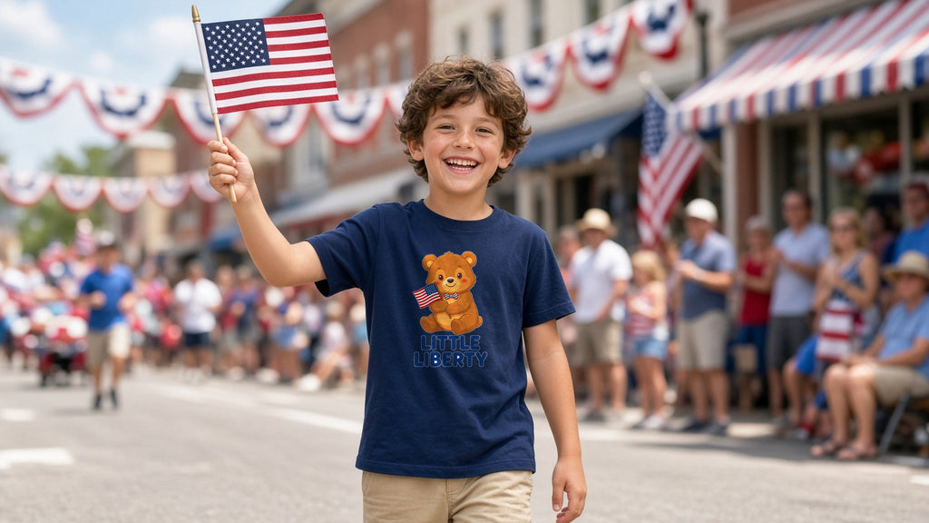 Boy in a navy Little Liberty Raising Patriots Youth Tee waving an American flag at a hometown parade