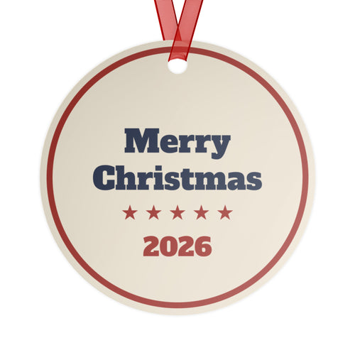 13 Stars 1776–2026 metal Christmas ornament, back: Merry Christmas 2026