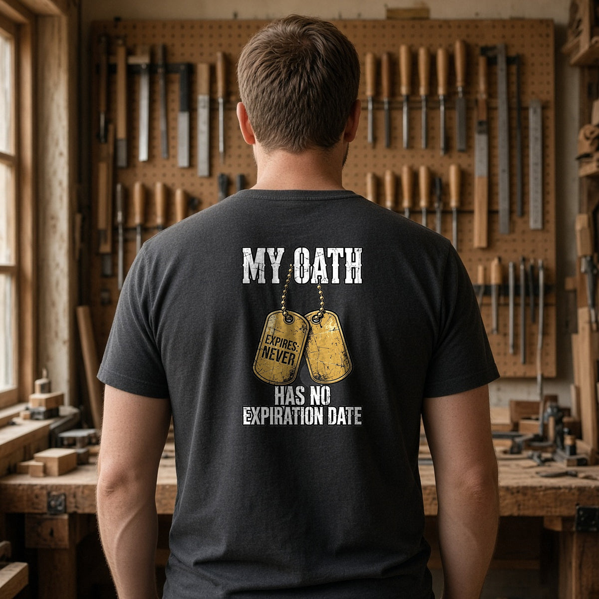 Oath No Expiration Tee worn in a lifestyle photo