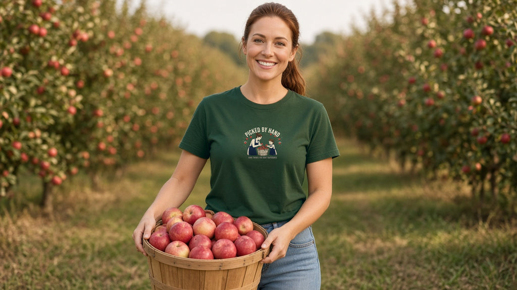 Smiling woman in a forest green Picked By Hand Women's Premium Tee holding a bushel basket of red apples in an orchard