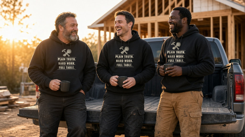 Three laughing men in black Plain Truth. Hard Work. Full Table. hoodies holding coffee on a pickup tailgate at a framing jobsite at sunrise