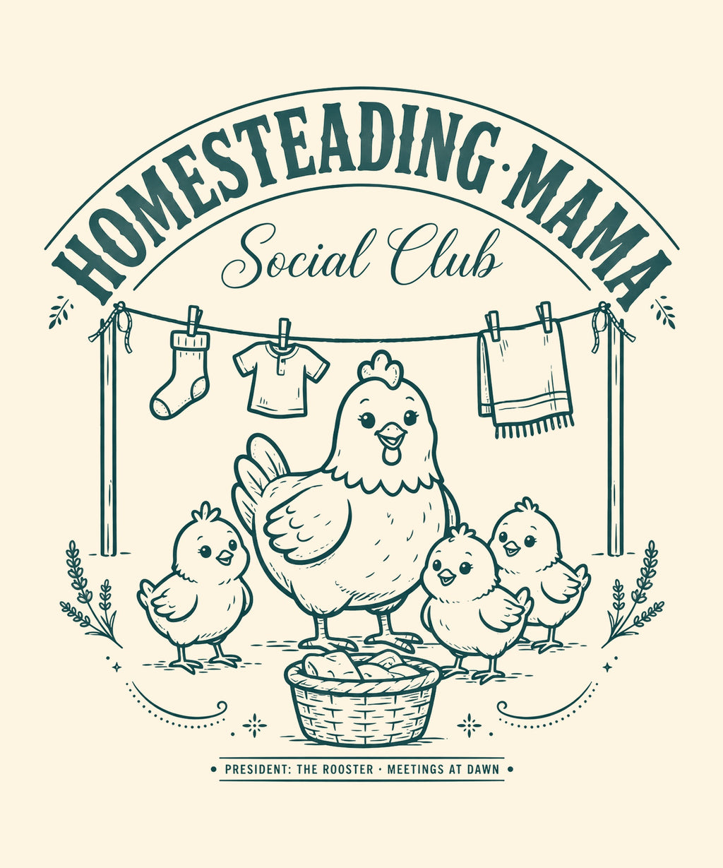 Homesteading Mama Social Club design — hen and chicks under a clothesline, teal print