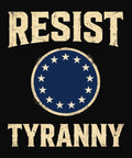 Resist Tyranny design — navy medallion with 13 cream stars in a circle between RESIST and TYRANNY block letters
