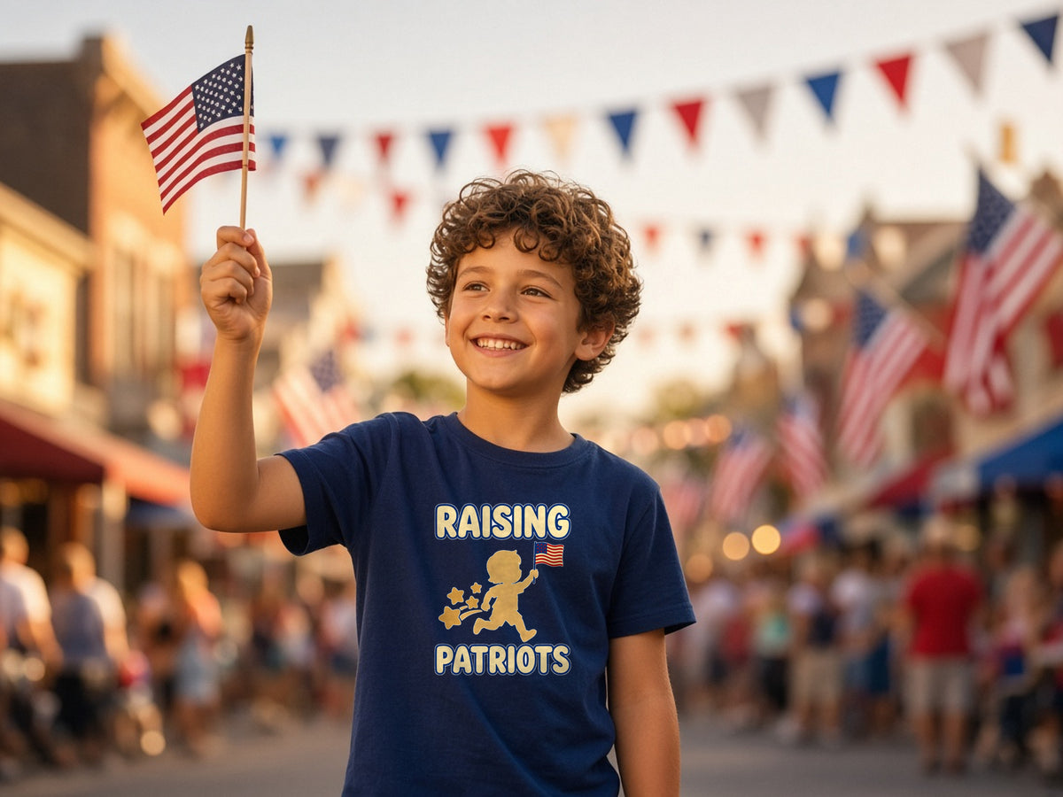 Raising Patriots - Raising Patriots Youth Tee worn in a lifestyle photo
