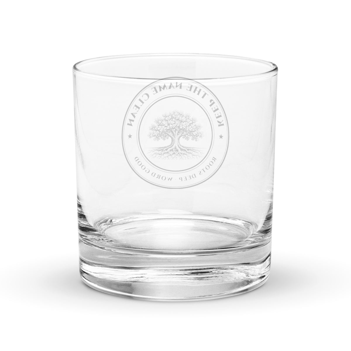 Keep the Name Clean rocks glass, back view with the crest seen through the glass