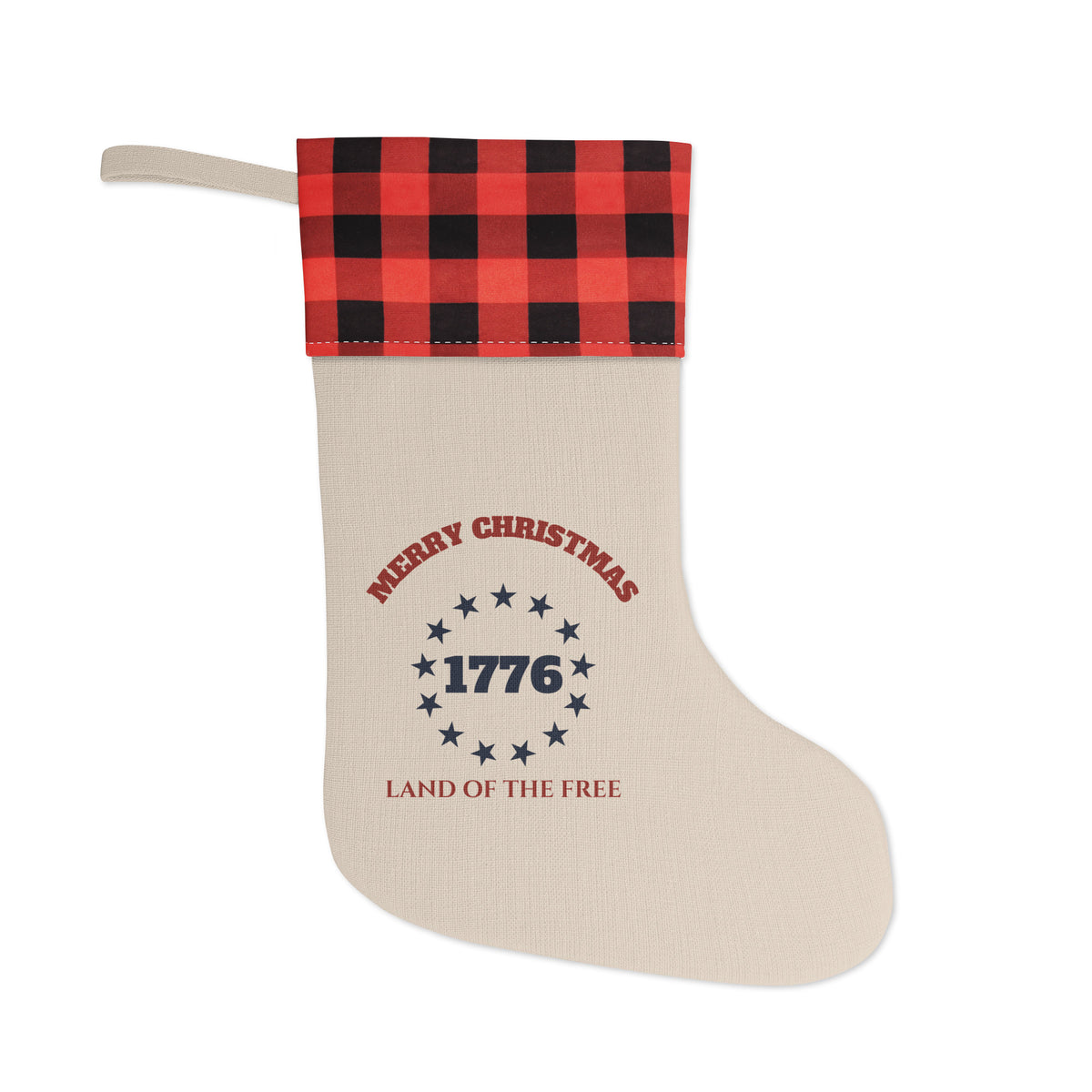 Merry Christmas 1776 rustic stocking with red and black buffalo-plaid cuff, thirteen stars and Land of the Free