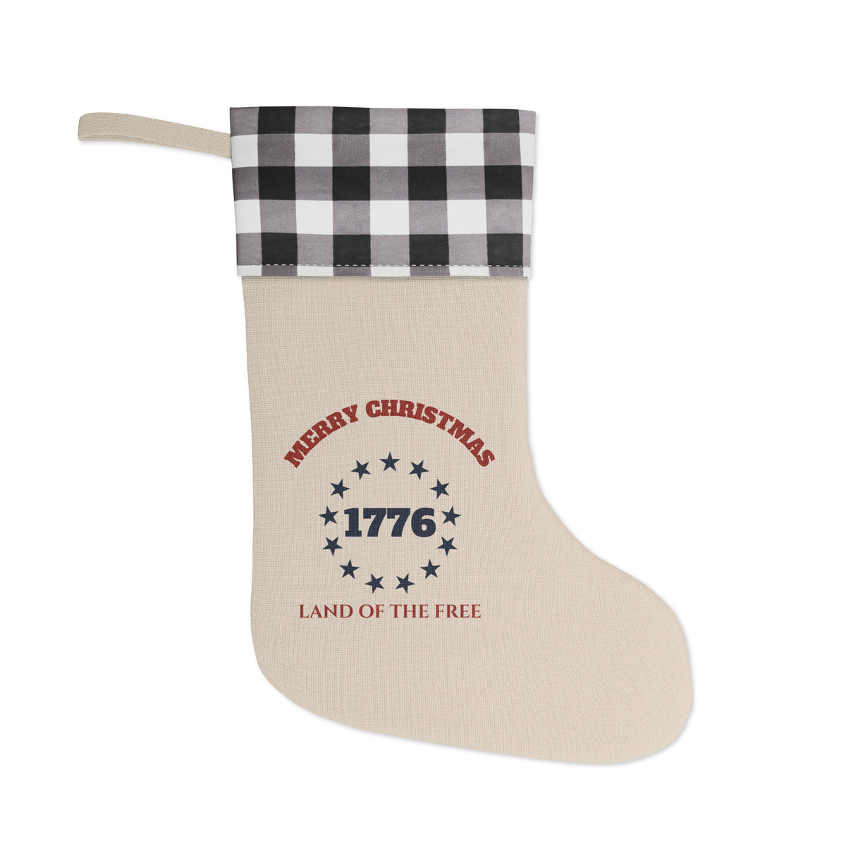 Merry Christmas 1776 rustic stocking with white and black buffalo-plaid cuff, thirteen stars and Land of the Free
