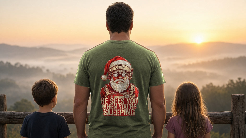 Dad seen from behind in the military green Tactical Santa Tee with the He Sees You When You're Sleeping back print, watching a mountain sunrise with his two kids