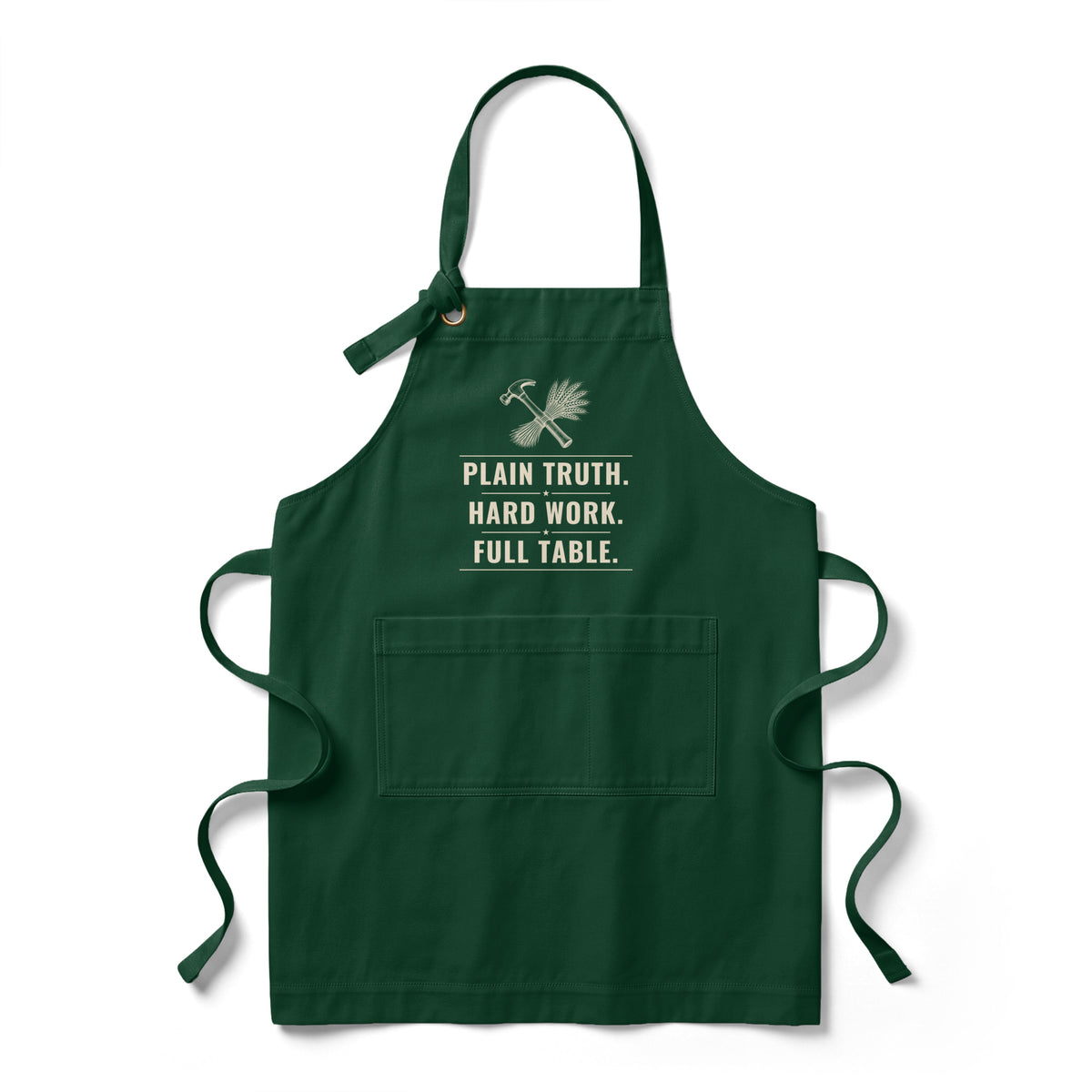 Plain Truth. Hard Work. Full Table. heavy twill apron in dark green, hammer-and-wheat crest