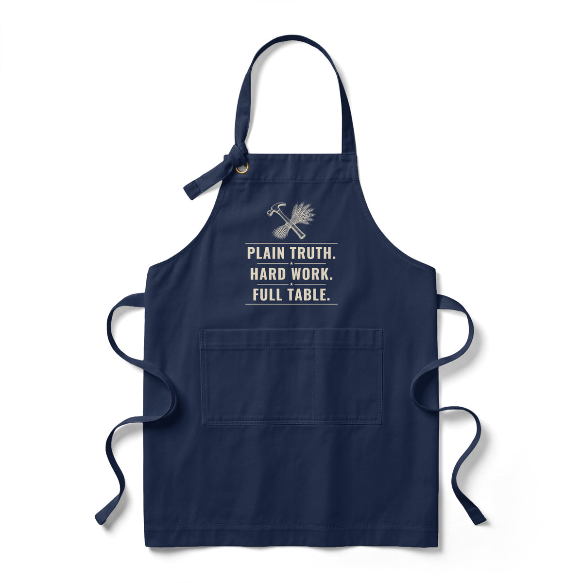 Plain Truth. Hard Work. Full Table. heavy twill apron in true navy, hammer-and-wheat crest