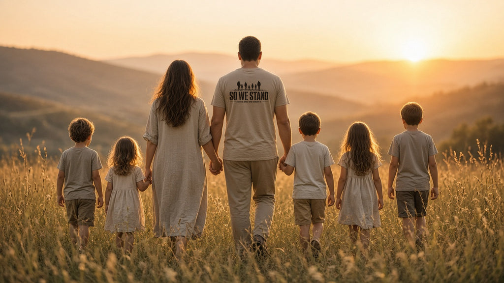 Family walking hand in hand through a golden field at sunset, dad's khaki tee shows the SO WE STAND back print with family silhouettes