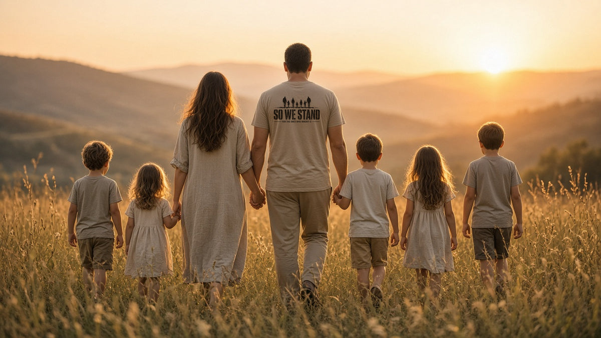 Family walking hand in hand through a golden field at sunset, dad's khaki tee shows the SO WE STAND back print with family silhouettes