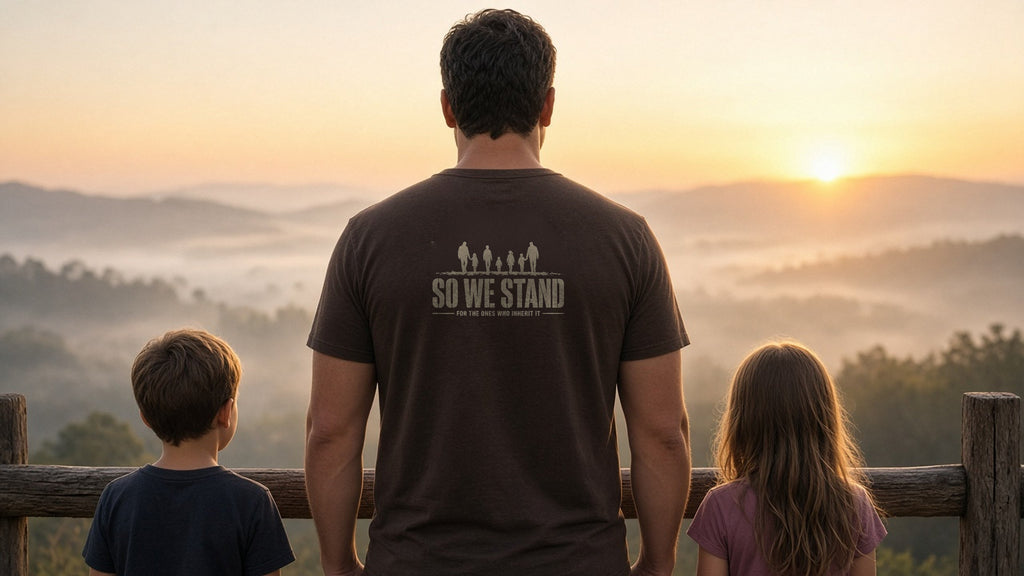 Man in an espresso So We Stand tee seen from behind at a misty mountain overlook at sunrise with two children, back print reads SO WE STAND, For the ones who inherit it