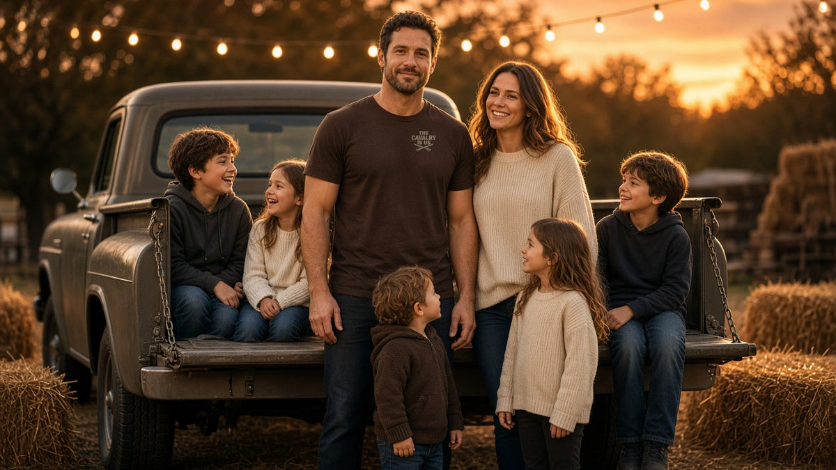 Family gathered at a pickup tailgate among hay bales at dusk, dad wears the espresso tee with THE CAVALRY IS US crossed-sabers chest print