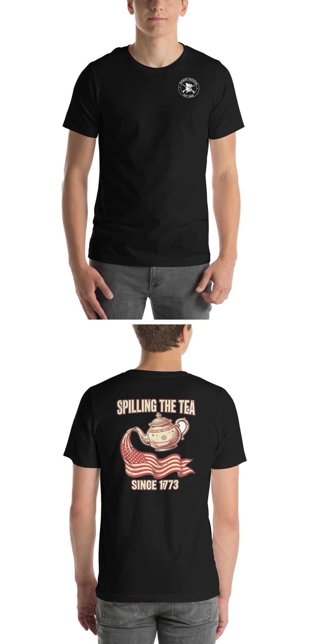Spilling the Tea Tee t-shirt by Patriot Tactical, homestead American heritage design – lifestyle view