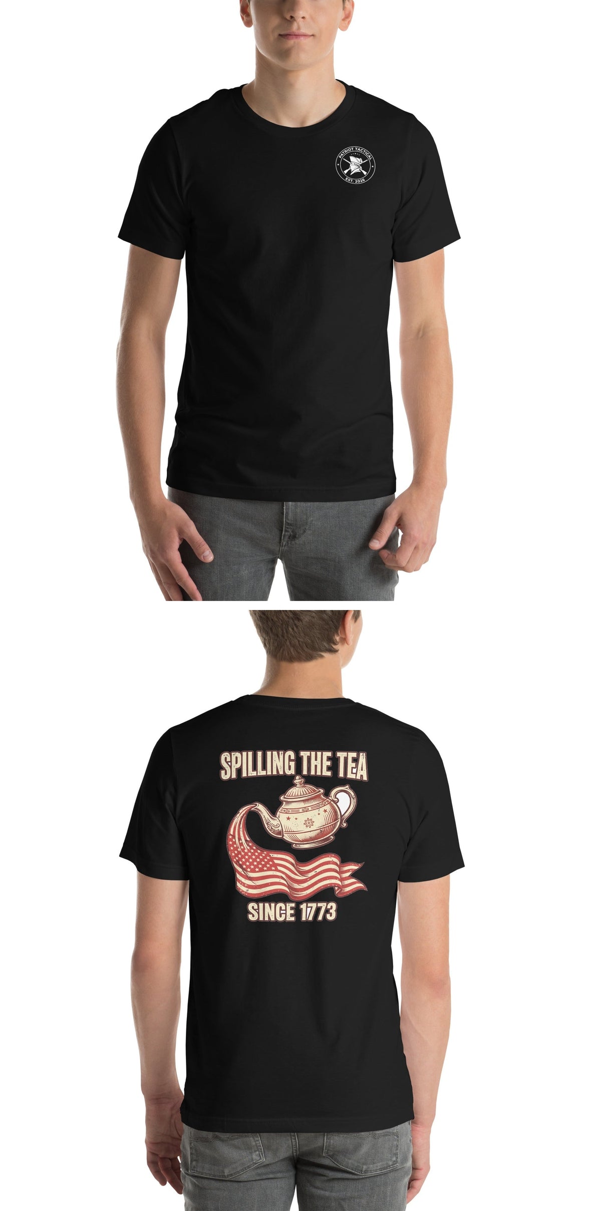 Spilling the Tea Tee t-shirt by Patriot Tactical, homestead American heritage design – lifestyle view