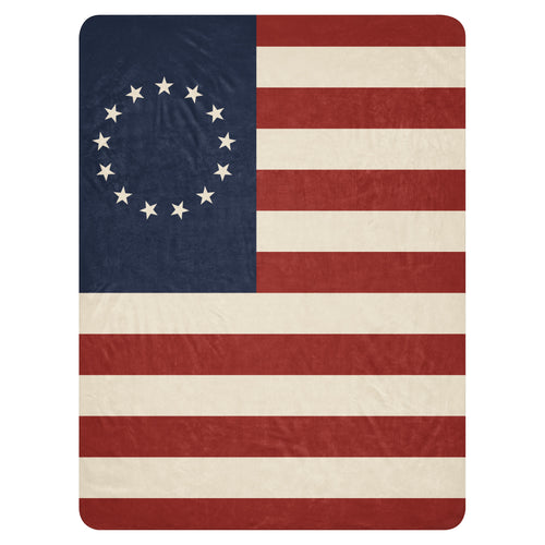 Betsy Ross flag sherpa blanket 60x80, 13-star flag print with tan sherpa back