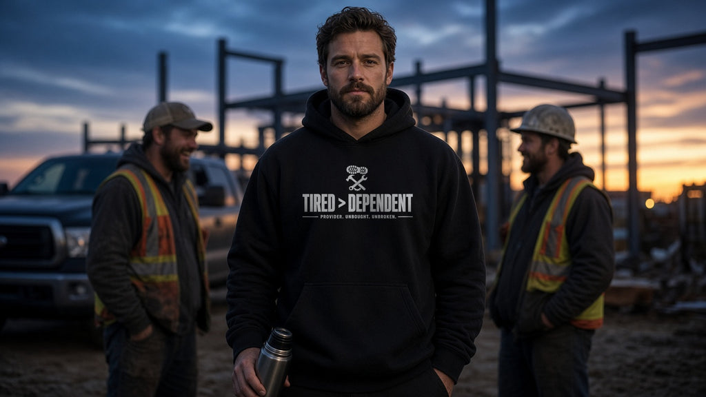 Man in the black Tired > Dependent Workwear Hoodie at a construction jobsite at dusk, holding a thermos beside two coworkers in safety vests
