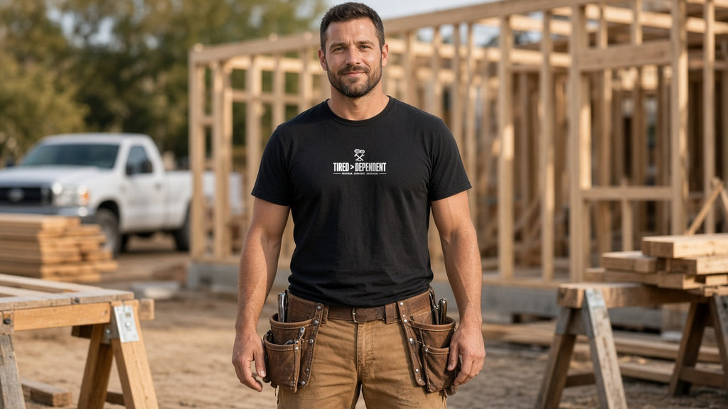 Man in the black Tired > Dependent Workwear Tee wearing a tool belt at a timber-frame construction site