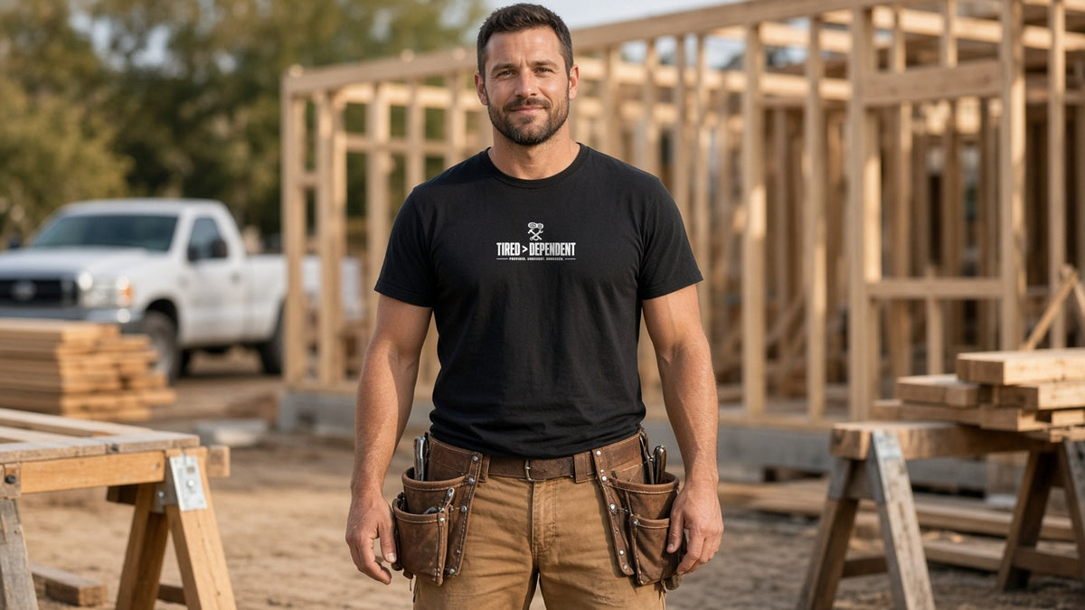 Man in the black Tired > Dependent Workwear Tee wearing a tool belt at a timber-frame construction site