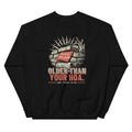 Back of a black crewneck sweatshirt with a dry-stacked stone wall, a red Notice of Violation stuck to it, and the words Older Than Your HOA. Dry Stone Club.