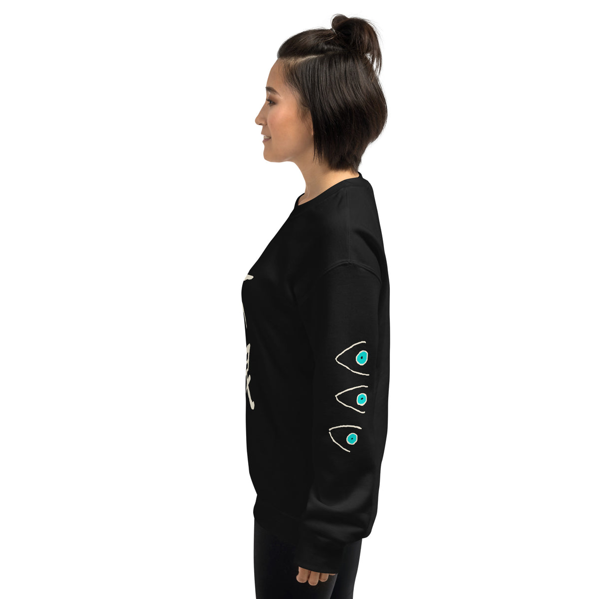 Black six eyes sweatshirt with a hand-drawn chest design and three cyan eyes printed down each sleeve.
