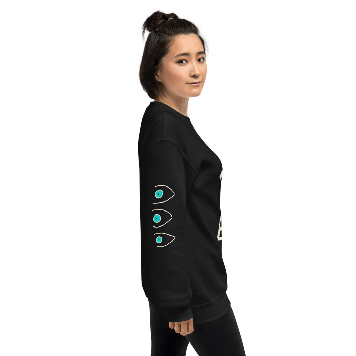 Black six eyes sweatshirt with a hand-drawn chest design and three cyan eyes printed down each sleeve.