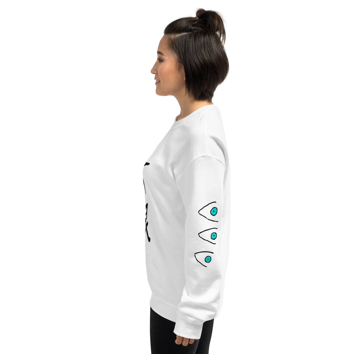 White six eyes sweatshirt with a hand-drawn chest design and three cyan eyes printed down each sleeve.