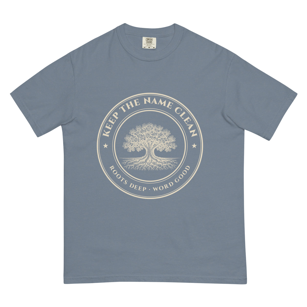Keep the Name Clean Heritage Oak tee in Blue Jean, front: oak tree crest reading KEEP THE NAME CLEAN, ROOTS DEEP · WORD GOOD