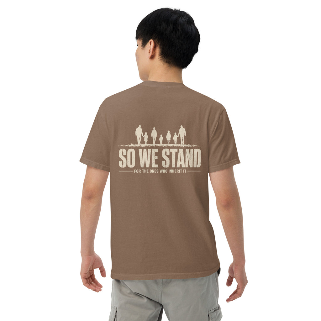 So We Stand The Cavalry Is Us Tee in Espresso, back view