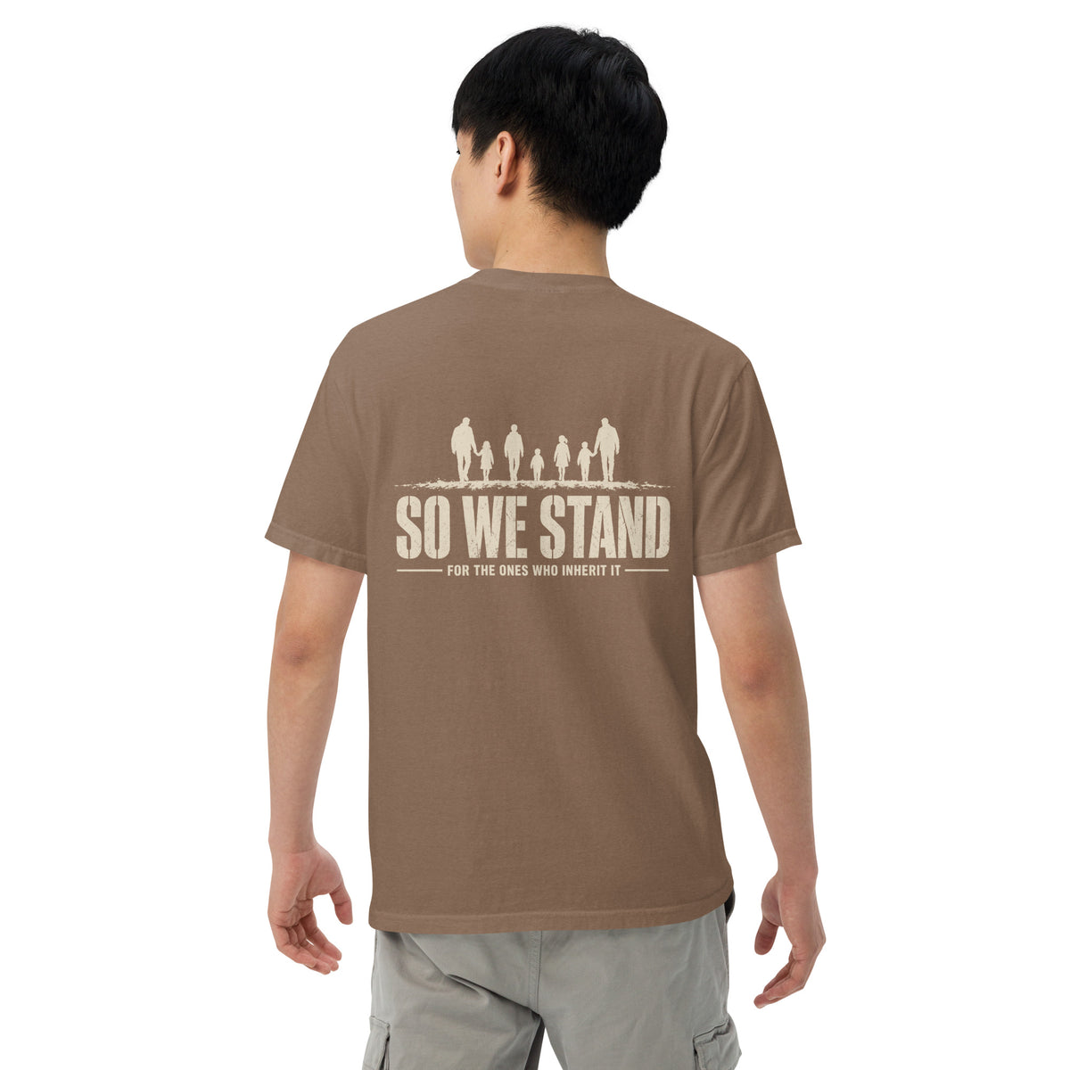 So We Stand The Cavalry Is Us Tee in Espresso, back view
